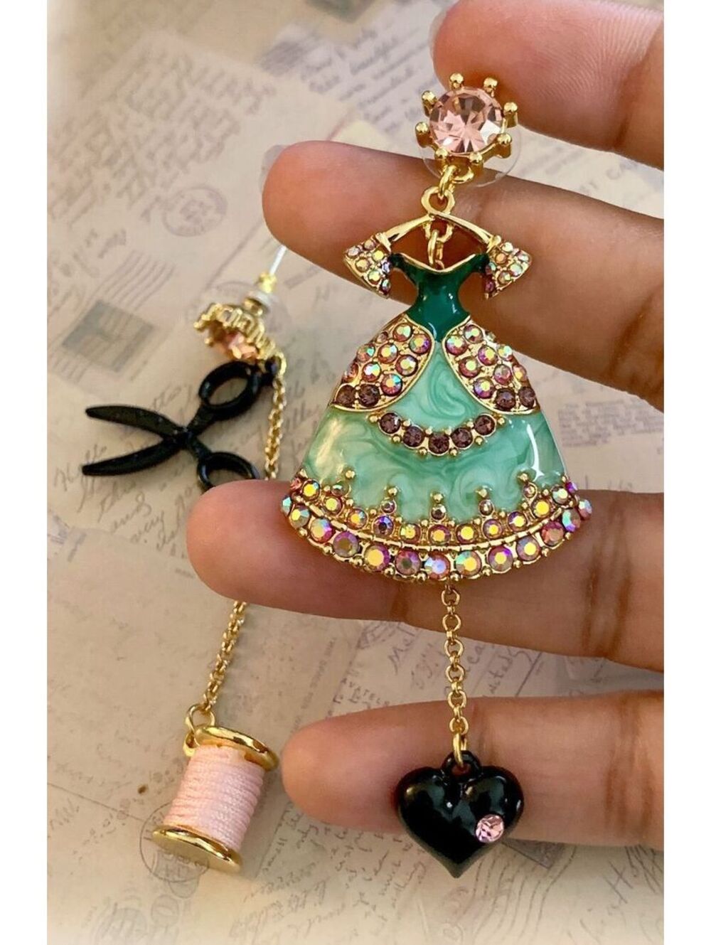 Mismatched Sewing Theme Dress Scissors Spool Rhinestone Drop Earrings - Picture 4 of 4
